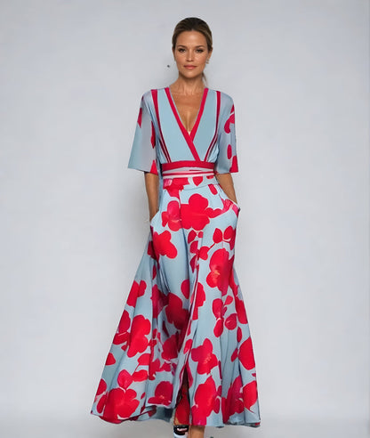 Elegant Blue Floral Maxi Dress for Women with V Neck Elbow Sleeve Wrap Belted Flowing Style