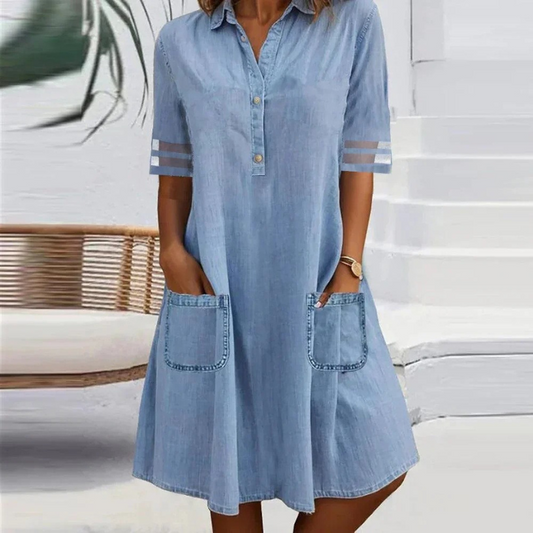 Effortless Blue Denim Shirt Dress for Women with Collar Elbow Sleeve Button Front Relaxed Casual Style