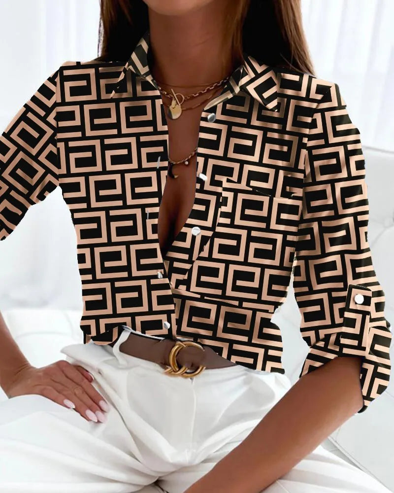 Elegant Abstract Print Blouse for Women with Collar Long Sleeve Button Front Silky Style