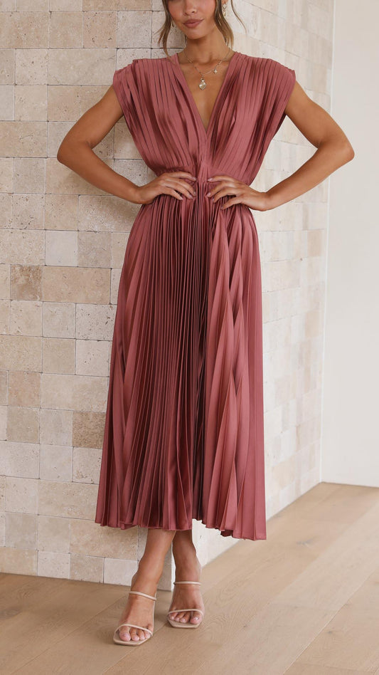 Elegant Pleated Satin Midi Dress for Women with V Neck Cap Sleeve Fitted Waist Flowing Wedding Guest Style