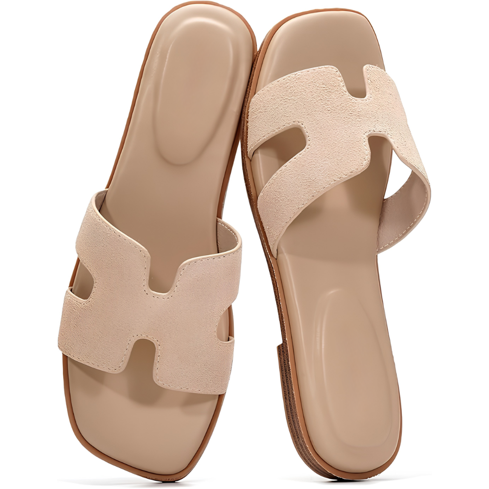 Comfortable Leather Sandals for Women with Cutout Strap Square Toe Flat Slide Style
