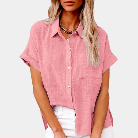 Effortless Linen Blouse for Women with Collar Short Sleeve Button Front Relaxed Style