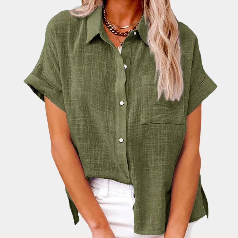 Effortless Linen Blouse for Women with Collar Short Sleeve Button Front Relaxed Style