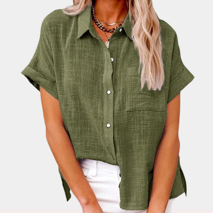 Effortless Linen Blouse for Women with Collar Short Sleeve Button Front Relaxed Style