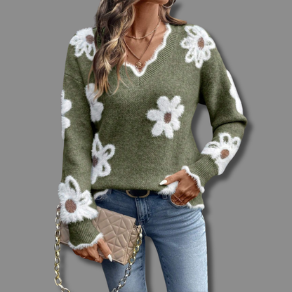 Comfortable Floral Sweater for Women with V Neck Long Sleeve Scalloped Trim Oversized Knit Style