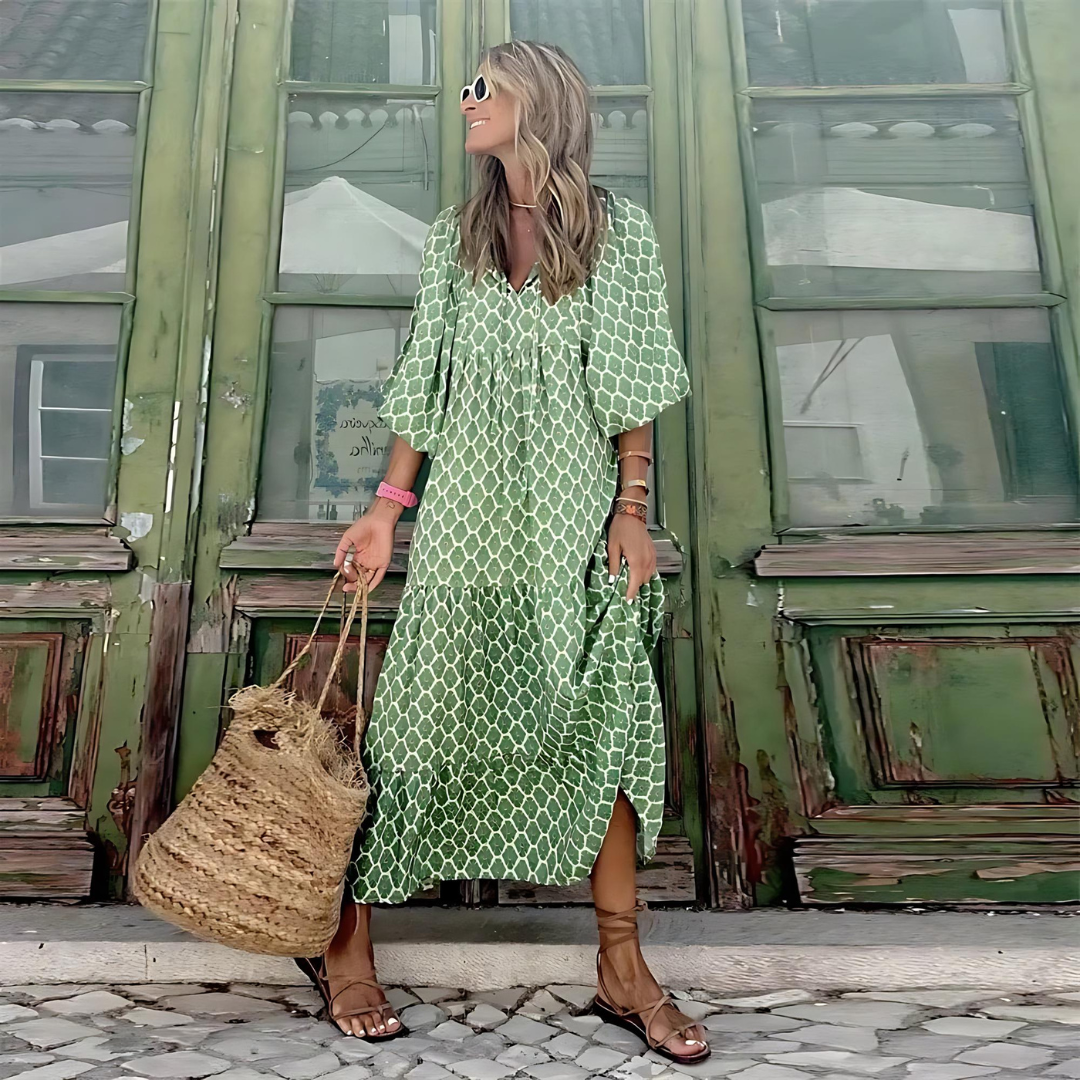 Effortless Floral Maxi Dress for Women with V Neck Balloon Sleeve Tiered Ruffle Bohemian Style