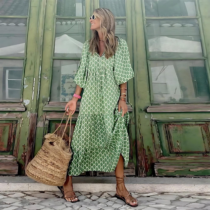 Effortless Floral Maxi Dress for Women with V Neck Balloon Sleeve Tiered Ruffle Bohemian Style