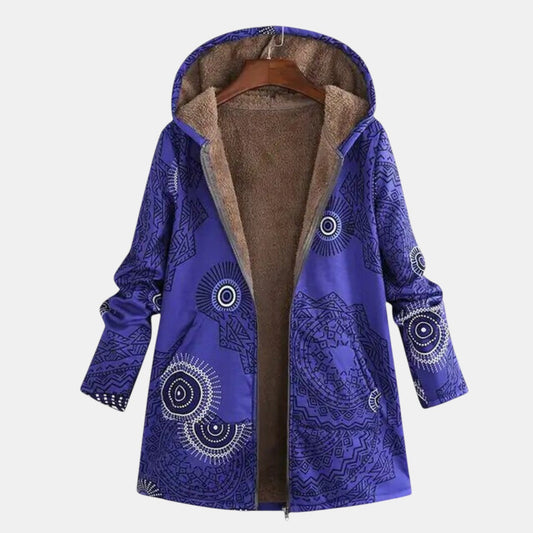 Comfortable Blue Tribal Print Sherpa Jacket for Women with Hooded Long Sleeve Zip Front Oversized Style