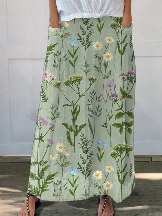 Effortless Green Floral Maxi Skirt for Women with High Waist A Line Pocket Flowing Style
