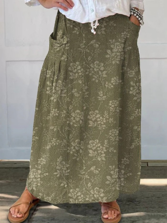 Effortless Floral Print Maxi Skirt for Women with Drawstring Waist Pleated A Line Bohemian Style