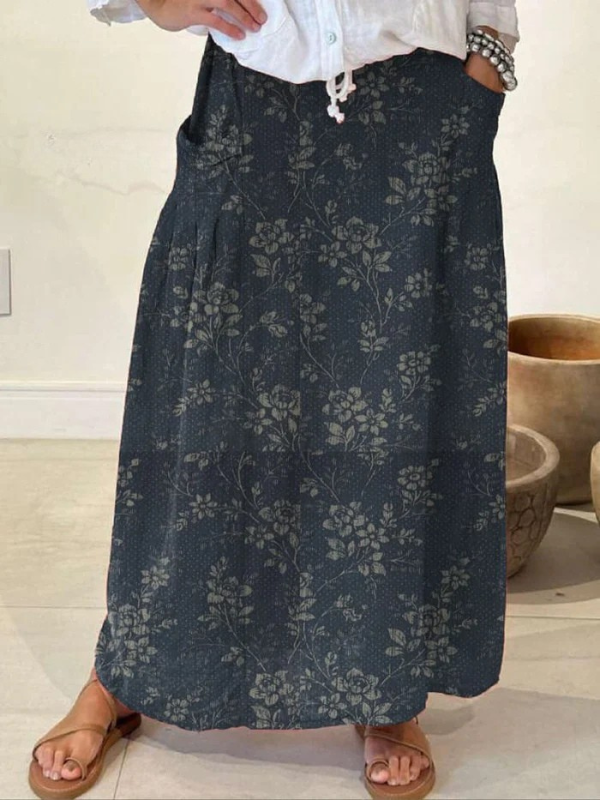 Effortless Floral Print Maxi Skirt for Women with Drawstring Waist Pleated A Line Bohemian Style