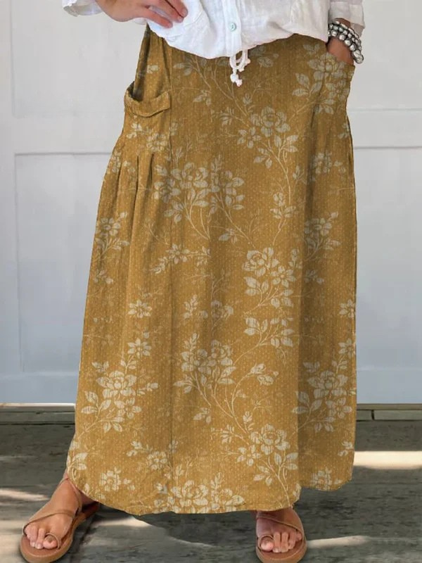 Effortless Floral Print Maxi Skirt for Women with Drawstring Waist Pleated A Line Bohemian Style