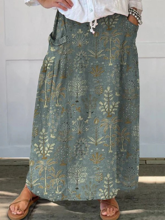 Elegant Dark Green Botanical Print Maxi Skirt for Women with High Waist Drawstring A Line Flowing Style
