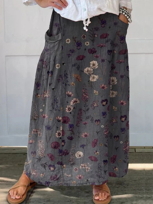 Effortless Black Floral Maxi Skirt for Women with Elastic Waist Side Pocket Flowing Bohemian Style
