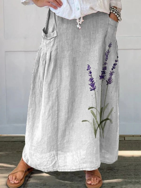 Effortless White Floral Linen Maxi Skirt for Women with Drawstring Waist Side Pocket Flowing Style