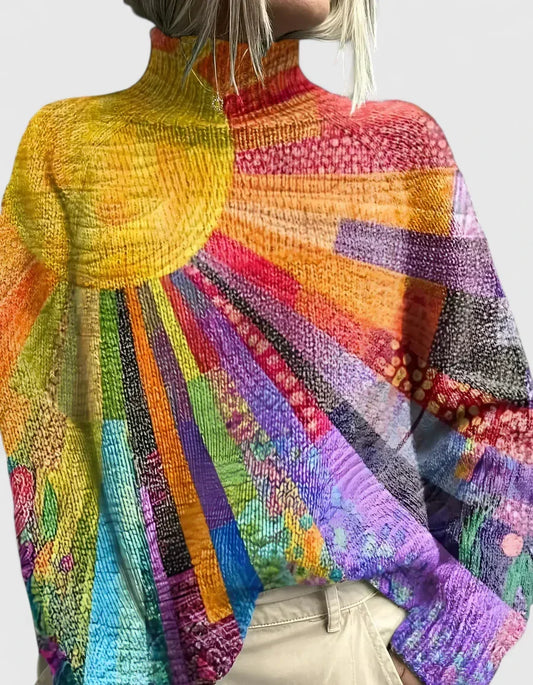Comfortable Multicolored Abstract Print Sweater for Women with Mock Neck Long Sleeve Relaxed Oversized Knit Style