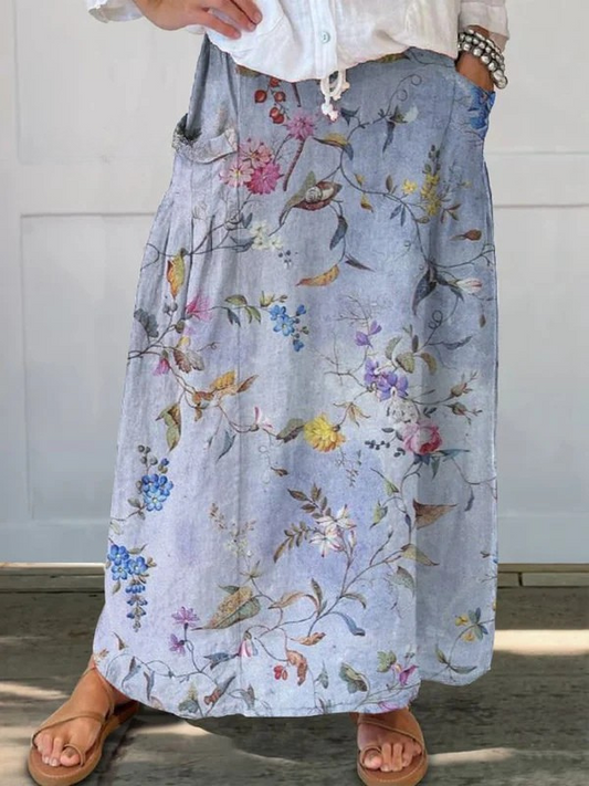 Effortless Violet Floral Maxi Skirt for Women with High Waist Drawstring A Line Flowing Bohemian Style