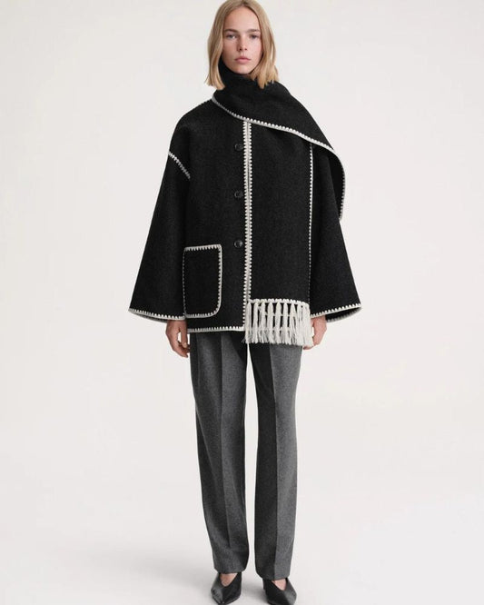 Elegant Fringe Trim Wool Cape Jacket for Women with High Collar Long Sleeve Oversized Style
