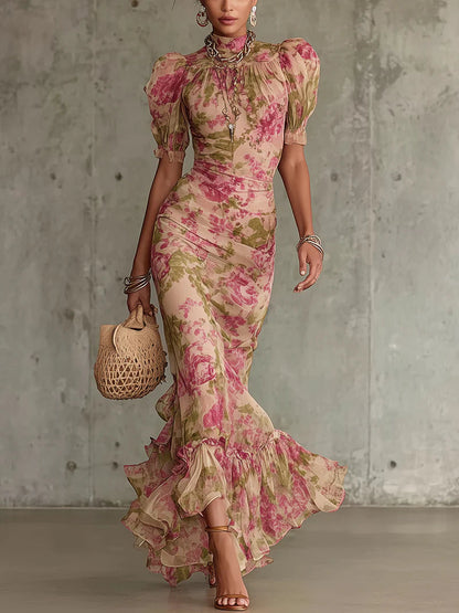 Elegant Pink Floral Maxi Dress for Women with Mock Neck Puff Sleeve Ruffle Mermaid Style