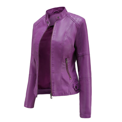 Elegant Faux Leather Moto Jacket for Women with Stand Collar Long Sleeve Zip Front Cropped Style