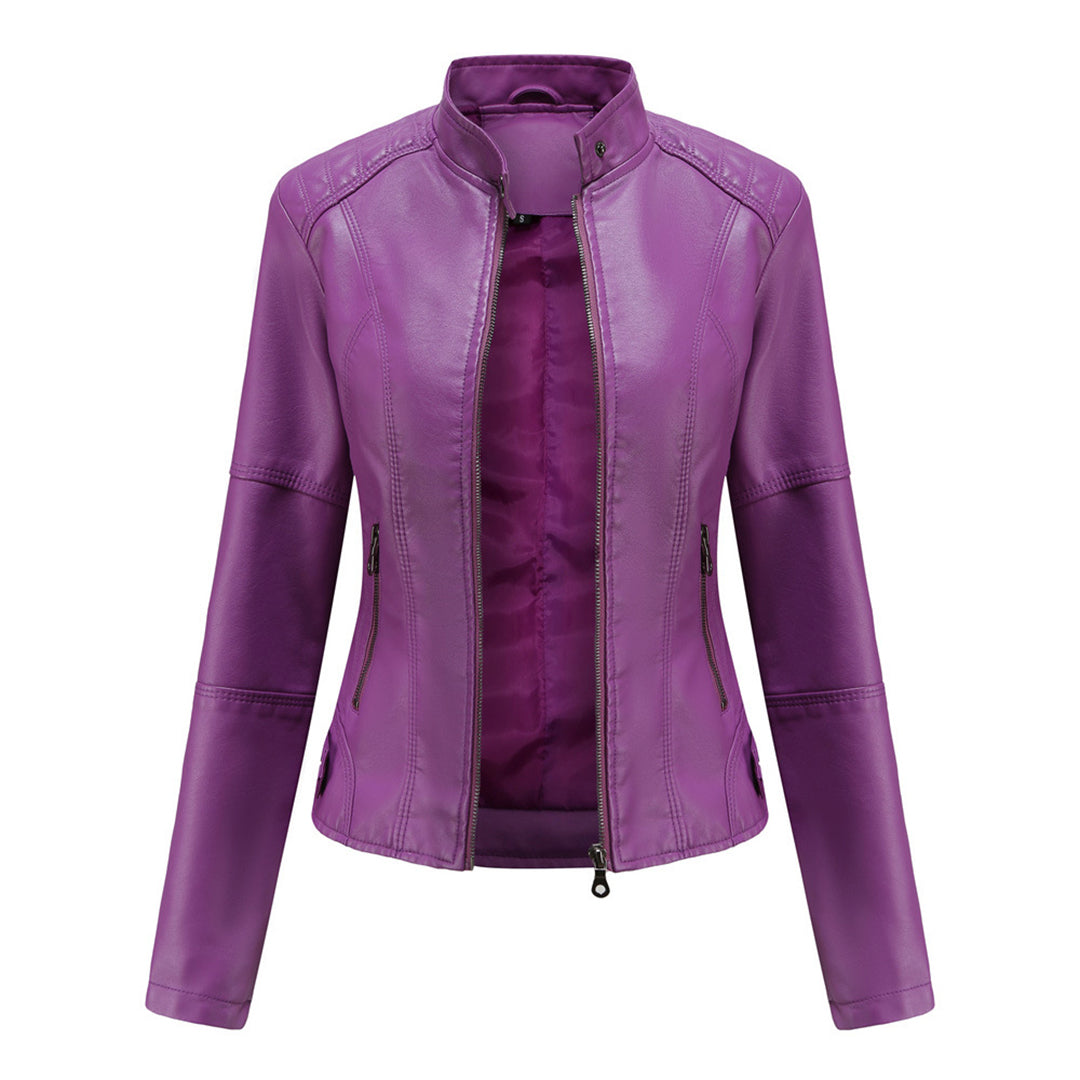 Elegant Faux Leather Moto Jacket for Women with Stand Collar Long Sleeve Zip Front Cropped Style