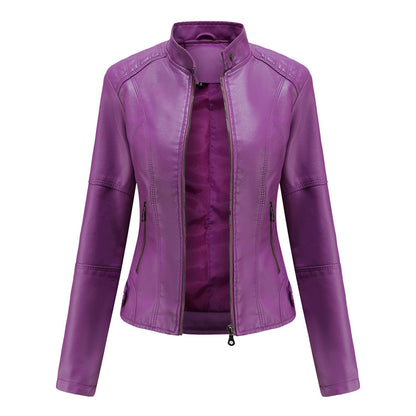 Elegant Faux Leather Moto Jacket for Women with Stand Collar Long Sleeve Zip Front Cropped Style