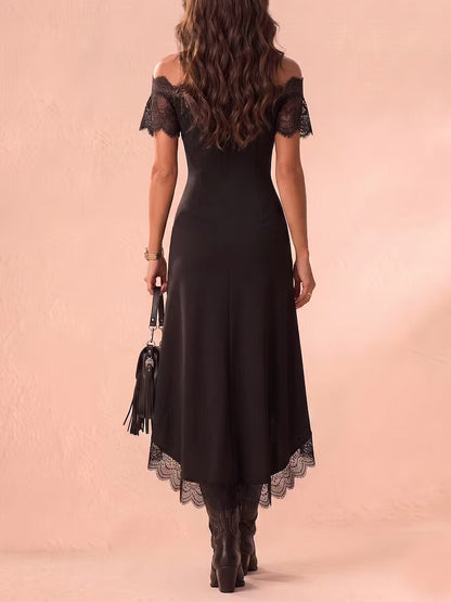 Elegant Black Dress for Women with Gold Embroidery Lace Panel Asymmetrical Hem