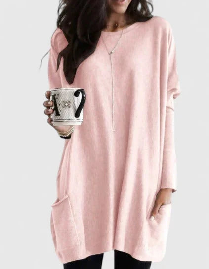 Comfortable Oversized Tunic Top for Women with Round Neck Long Sleeve Relaxed Pocket Casual Style