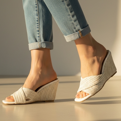 Effortless Woven Wedge Sandal for Women with Crisscross Open Toe Slide Casual Style