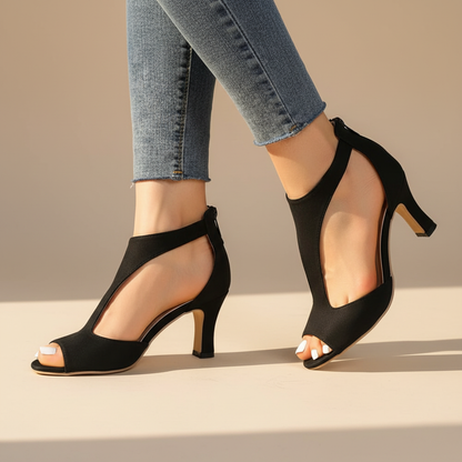 Elegant Faux Leather Peep Toe Sandal for Women with T Strap Cutout Ankle Zip Style