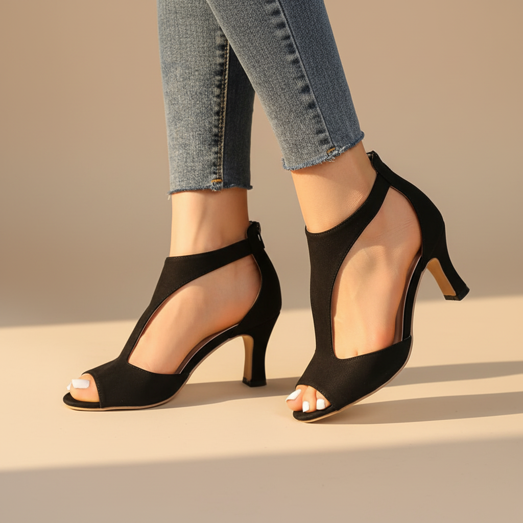 Elegant Faux Leather Peep Toe Sandal for Women with T Strap Cutout Ankle Zip Style