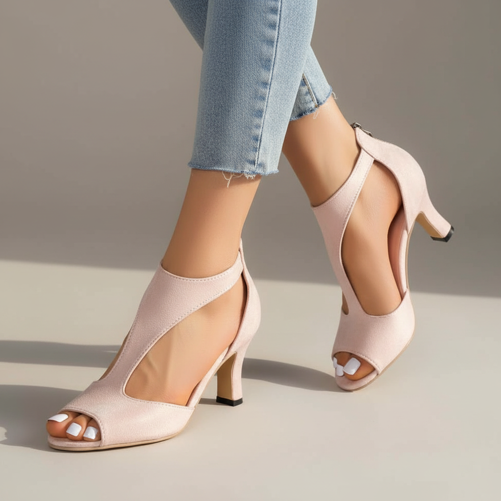 Elegant Faux Leather Peep Toe Sandal for Women with T Strap Cutout Ankle Zip Style