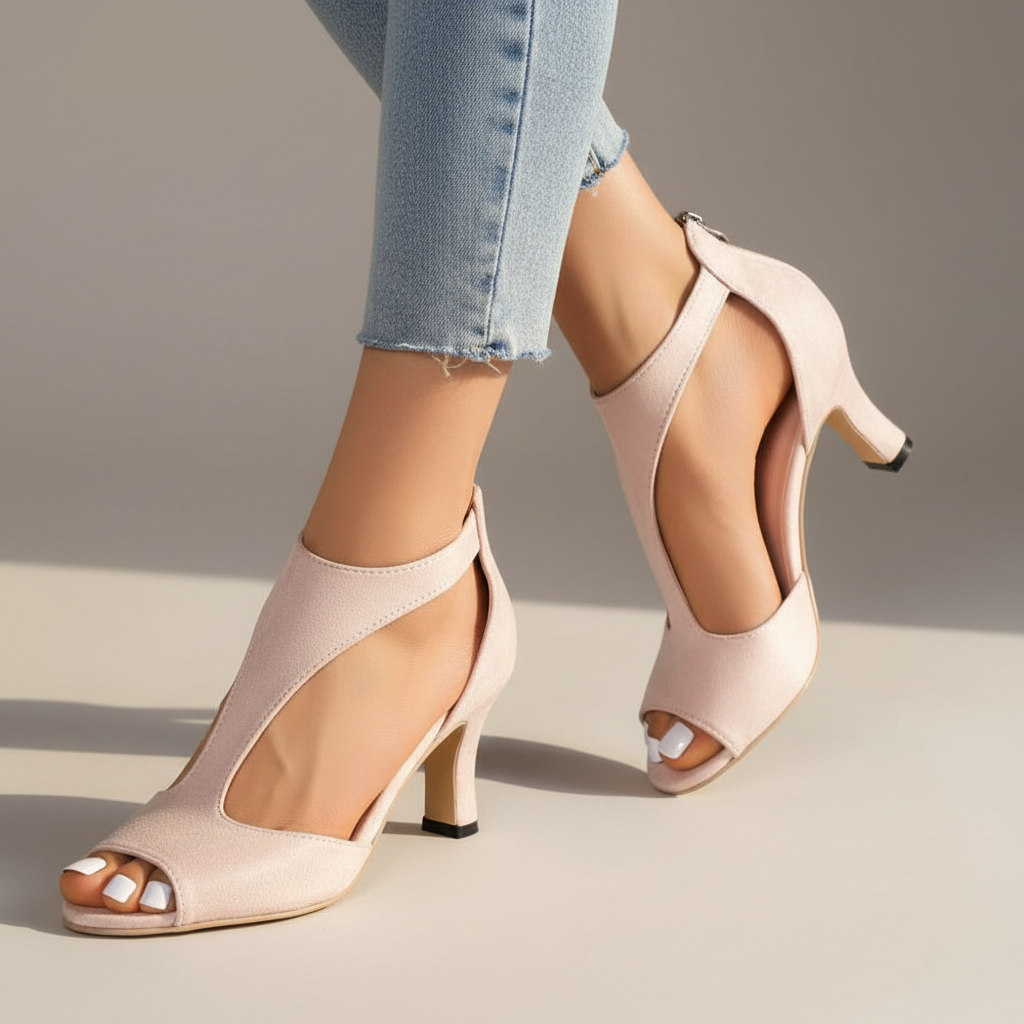 Elegant Faux Leather Peep Toe Sandal for Women with T Strap Cutout Ankle Zip Style