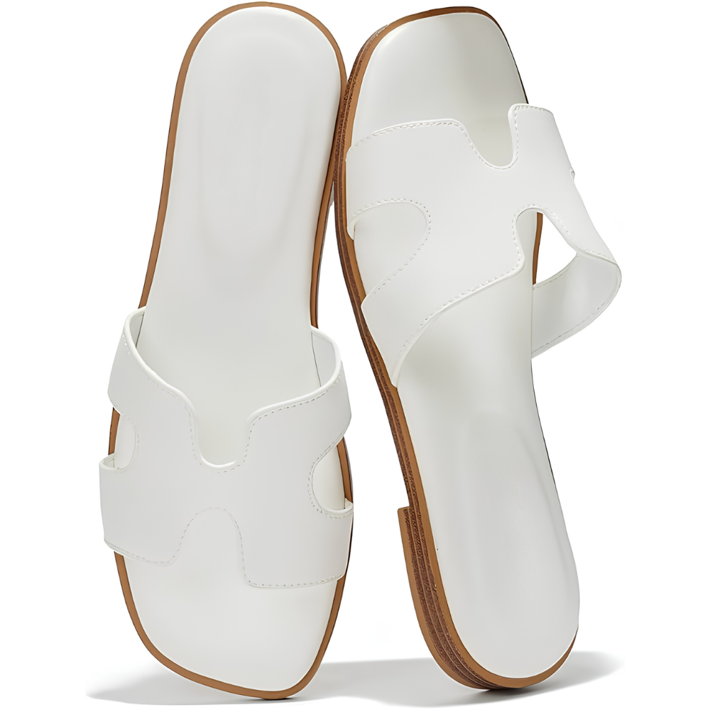 Comfortable Leather Sandals for Women with Cutout Strap Square Toe Flat Slide Style