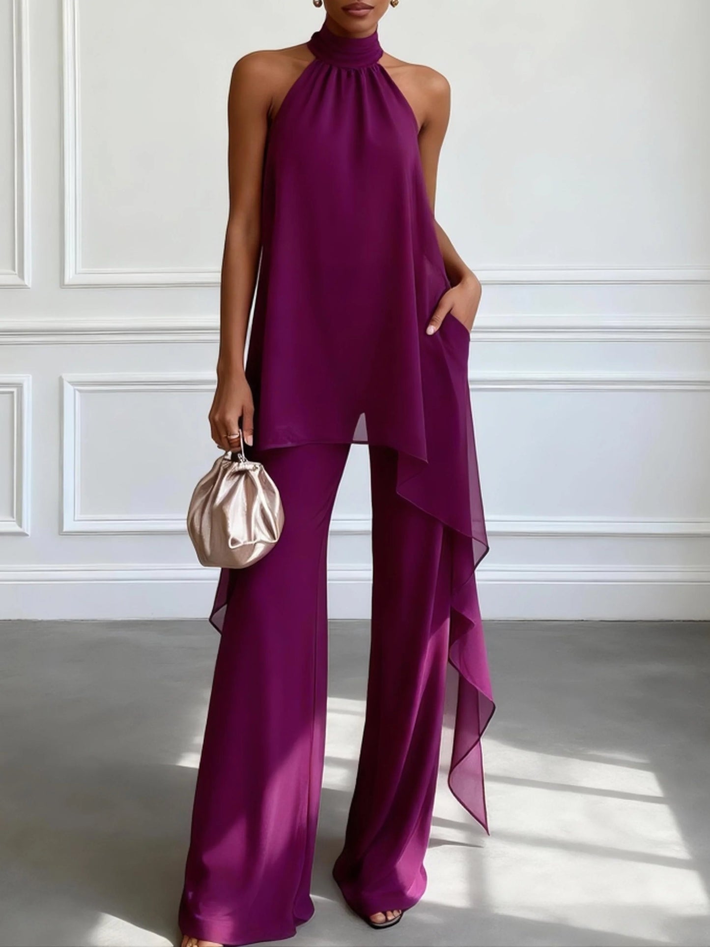 Elegant Purple Wide Leg Set for Women with Halter Neck Draped Asymmetrical Hem Two Piece Style
