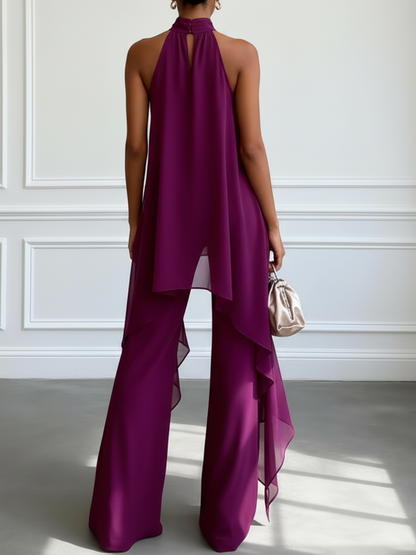 Elegant Purple Wide Leg Set for Women with Halter Neck Draped Asymmetrical Hem Two Piece Style