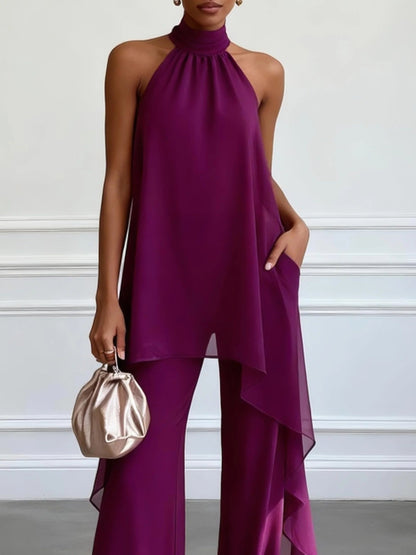 Elegant Purple Wide Leg Set for Women with Halter Neck Draped Asymmetrical Hem Two Piece Style