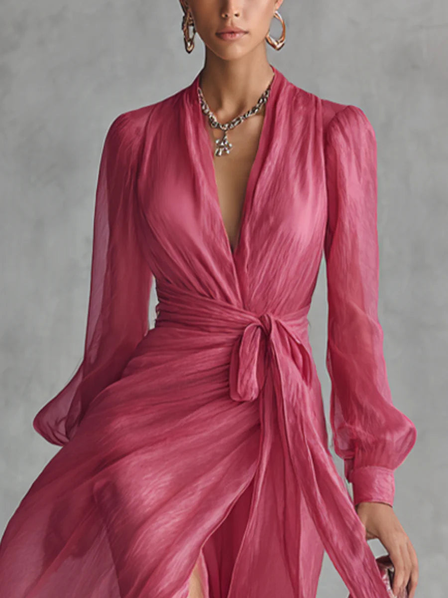 Elegant Pink Chiffon Wrap Maxi Dress for Women with Plunge Neck Long Sleeve Thigh Slit Flowing Style