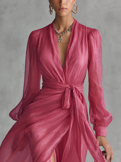 Elegant Pink Chiffon Wrap Maxi Dress for Women with Plunge Neck Long Sleeve Thigh Slit Flowing Style