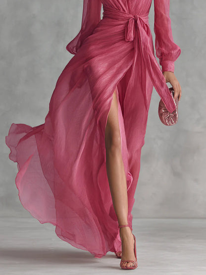Elegant Pink Chiffon Wrap Maxi Dress for Women with Plunge Neck Long Sleeve Thigh Slit Flowing Style