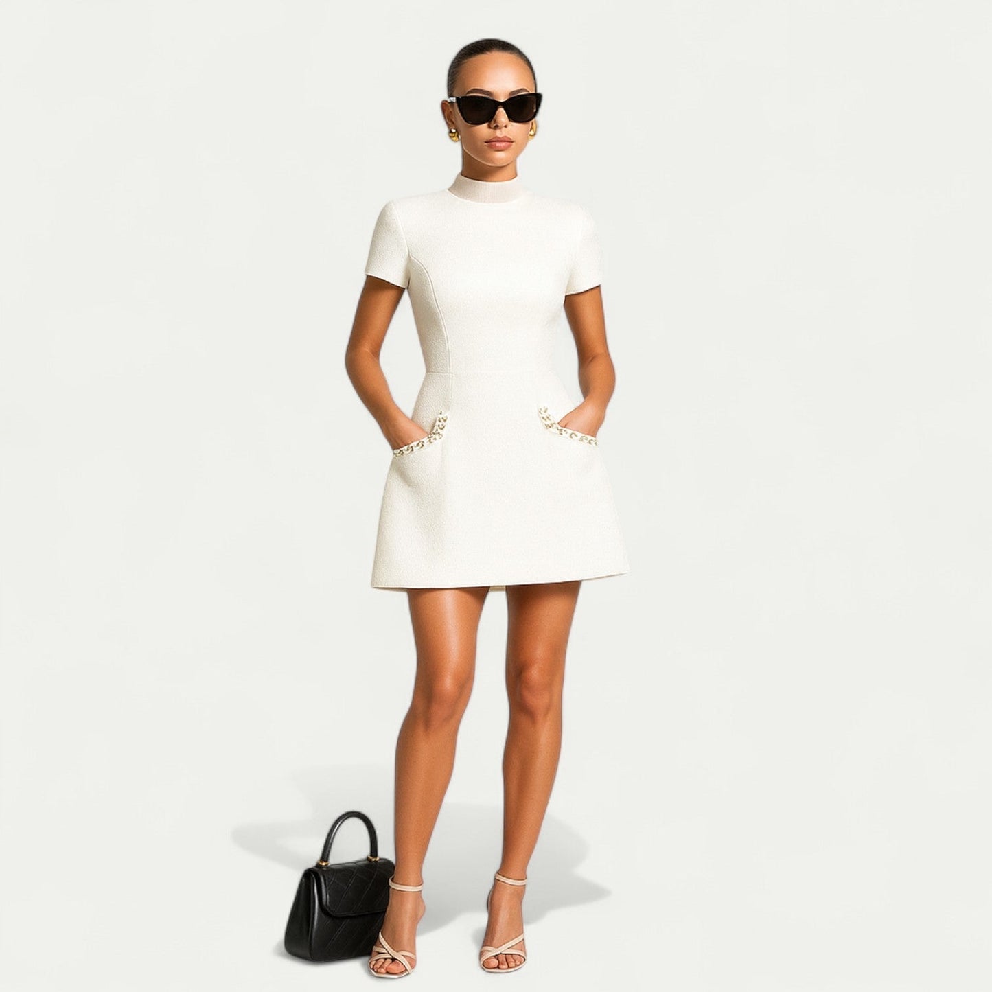 Elegant Tweed Mini Dress for Women with Pearl Embellished Crew Neck Short Sleeve Pocket Detail Cocktail Style