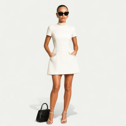 Elegant Tweed Mini Dress for Women with Pearl Embellished Crew Neck Short Sleeve Pocket Detail Cocktail Style