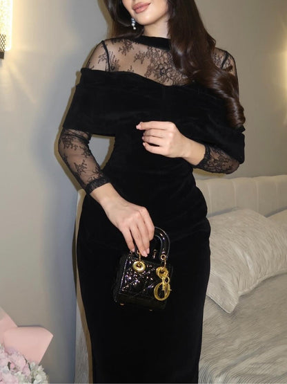 Elegant Black Velvet Maxi Dress for Women with Illusion Lace Neckline Long Sleeve Off Shoulder Bodycon Cocktail Style