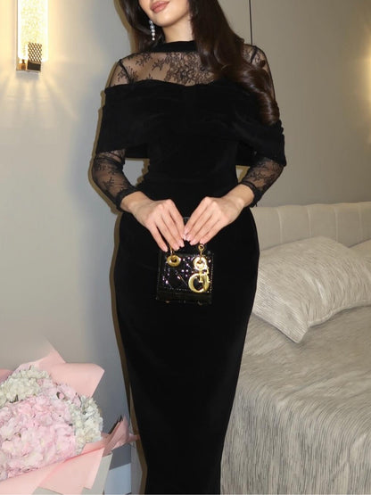 Elegant Black Velvet Maxi Dress for Women with Illusion Lace Neckline Long Sleeve Off Shoulder Bodycon Cocktail Style