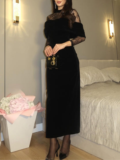 Elegant Black Velvet Maxi Dress for Women with Illusion Lace Neckline Long Sleeve Off Shoulder Bodycon Cocktail Style