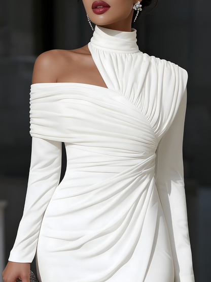Elegant White Midi Dress for Women with High Neck Long Sleeve Ruched Bodycon Cocktail Style