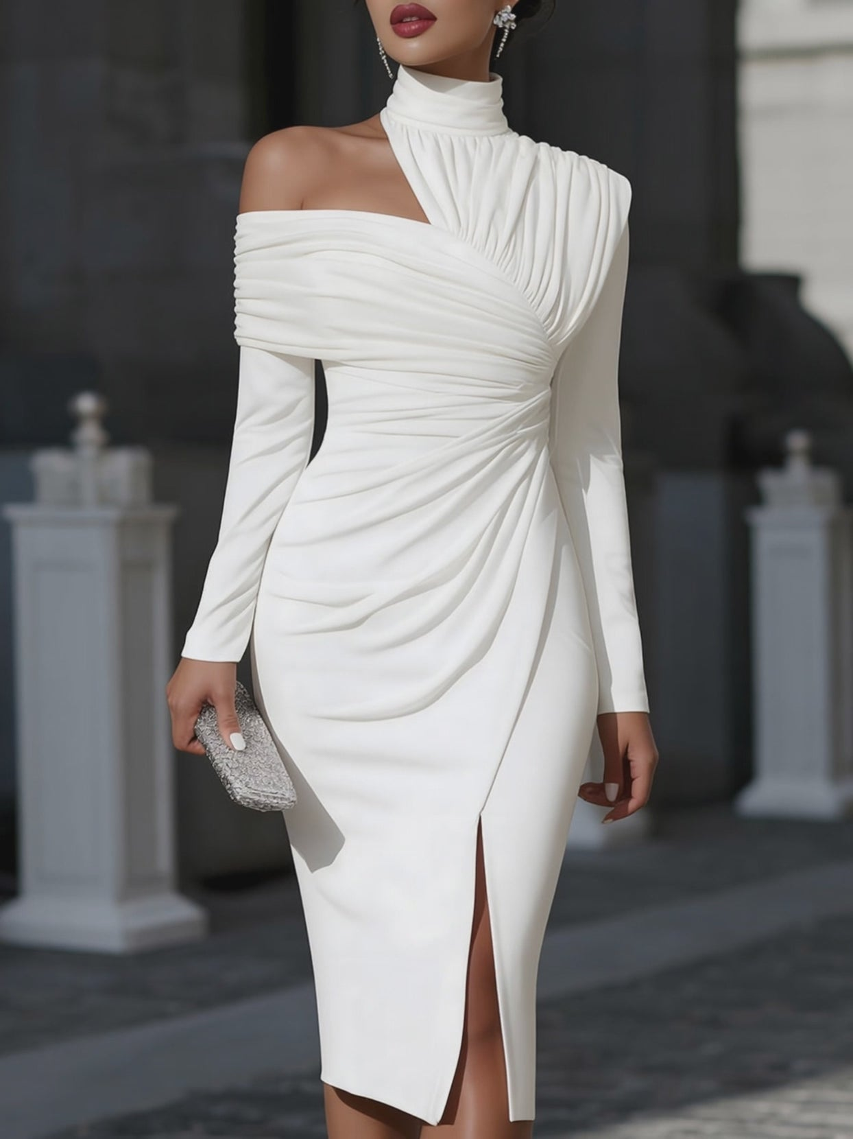 Elegant White Midi Dress for Women with High Neck Long Sleeve Ruched Bodycon Cocktail Style