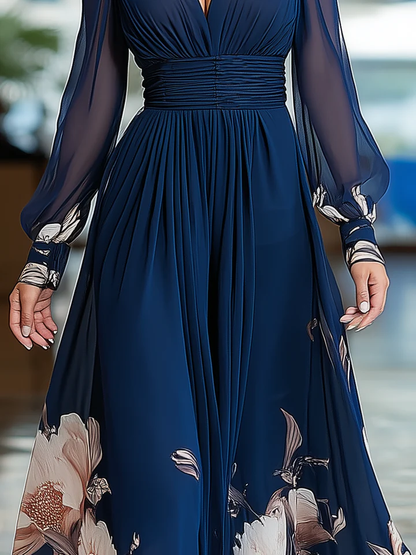 Elegant Navy Floral Maxi Dress for Women with V Neck Bishop Sleeve Ruched Waist Formal Wedding Guest Style
