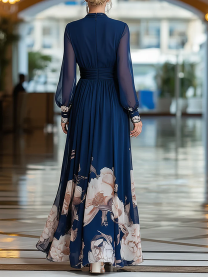 Elegant Navy Floral Maxi Dress for Women with V Neck Bishop Sleeve Ruched Waist Formal Wedding Guest Style