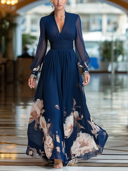 Elegant Navy Floral Maxi Dress for Women with V Neck Bishop Sleeve Ruched Waist Formal Wedding Guest Style